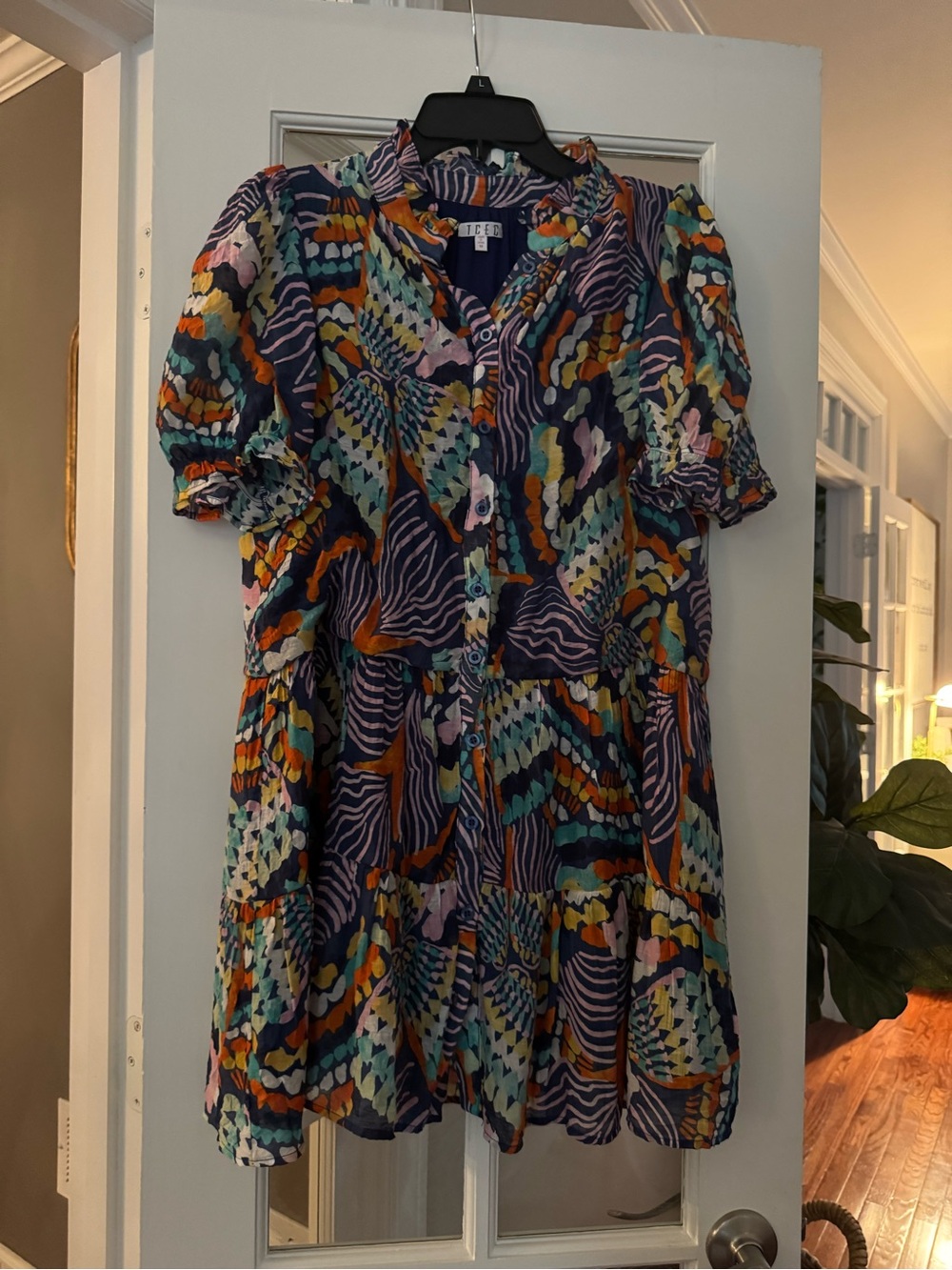 Multicolor Patterned Dress with Puff Sleeves